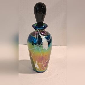 Art Glass Hanging Hearts and Vines Iridescent Carnival Glass Perfume Bottle.